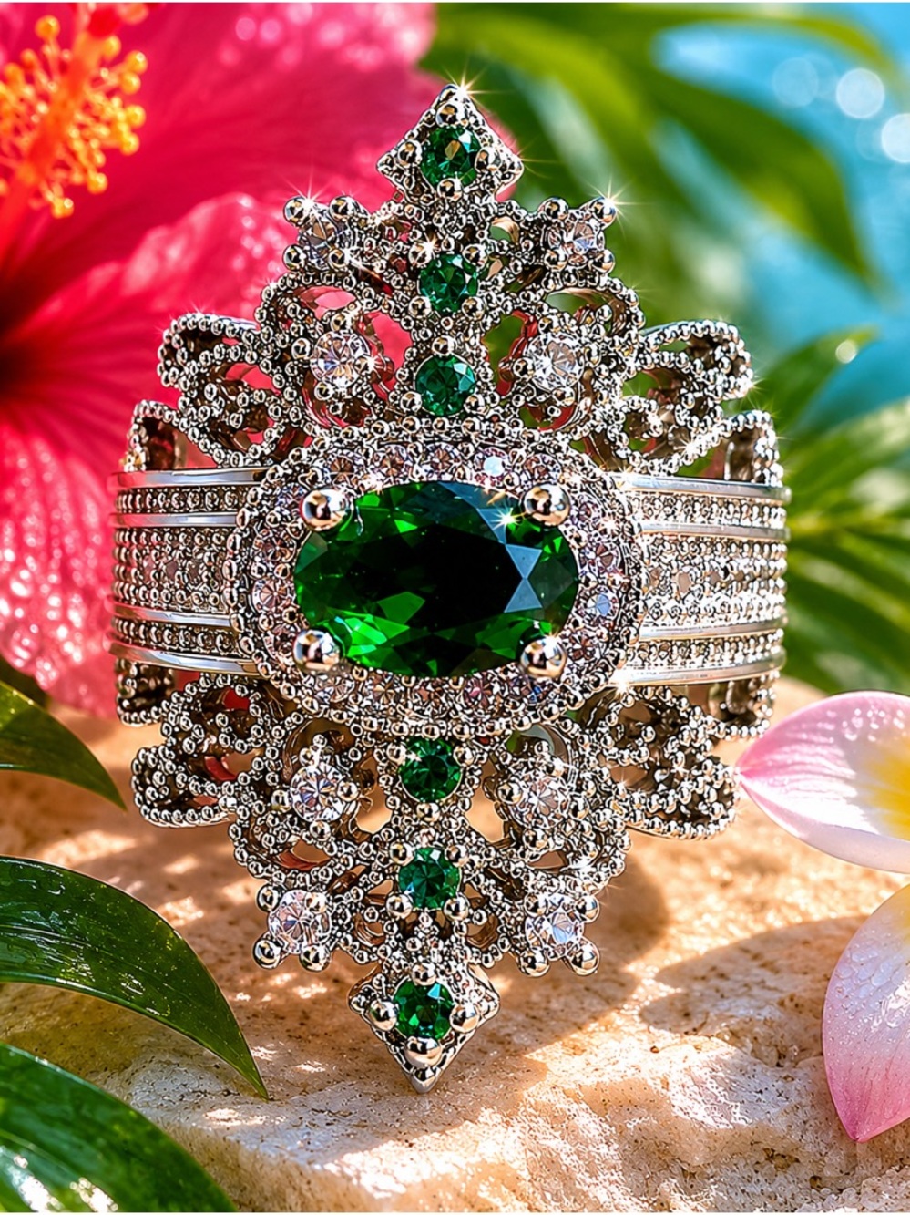 Sterling 925 Silver Green Oval Crystal Statement Ring
